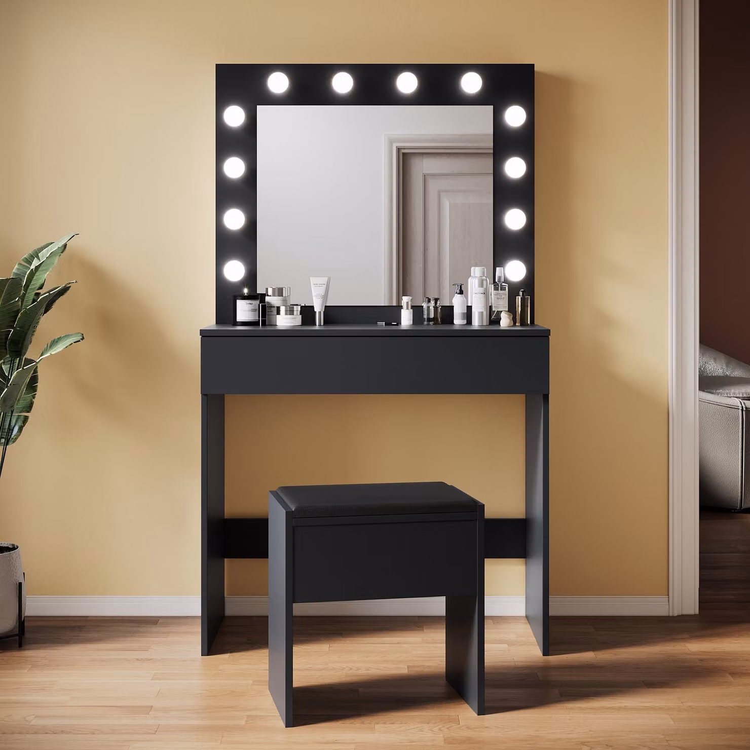 SONNI tavolo da toilette nero 80x40x140cm Tavolo da toilette a luce LED con luminosità regolabile con specchio e cassetto