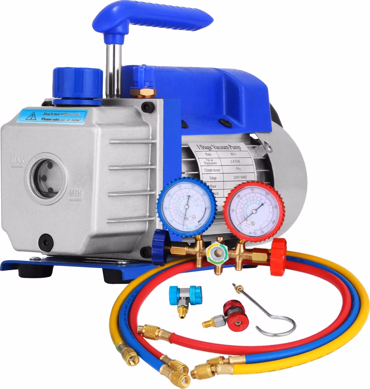 Pompa per vuoto per raffreddamento, portata d'aria libera 1,8 CFM, gamma di alta pressione 0~800 PSI, velocità 1440 giri/min, vuoto finale 25 micron, compatibile con R410A