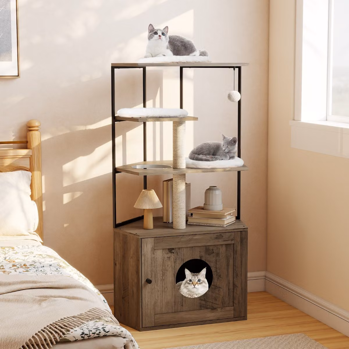 Albero per gatti Costway moderno in legno marrone con lettiera nascosta e tiragraffi in sisal sostituibile