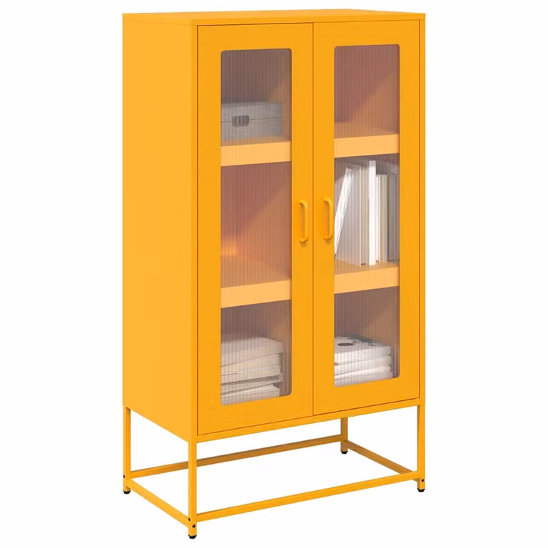Credenza in stile industriale vidaXL in metallo giallo senape con ante in vetro, L/P/H: 68 x 39 x 123 cm