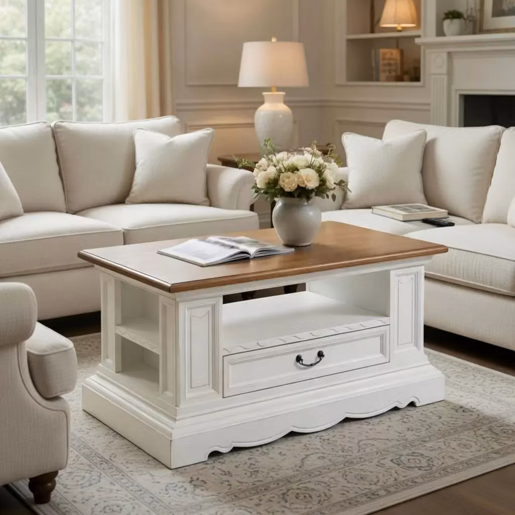 Tavolino rettangolare in stile shabby chic bianco in legno di Mobili 2G L: 125 cm, P: 75 cm, H: 60 cm – 2