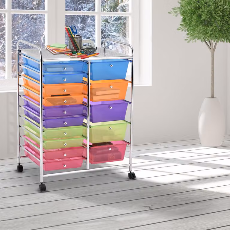 Carrello cassettiera multiuso Costway con 15 cassetti in plastica colorata e ruote per cucina, bagno o ufficio
