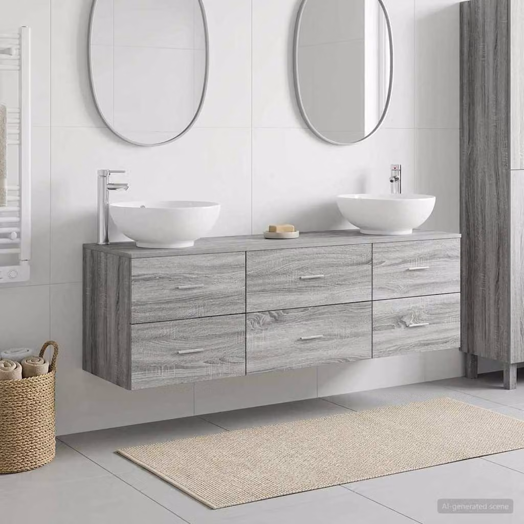 Set di mobili per il bagno moderno vidaXL in 3 pezzi color grigio e argento, composto da mobile lavabo e armadietto laterale, L/P/H: 161,0 x 40,65 x 80,0 cm