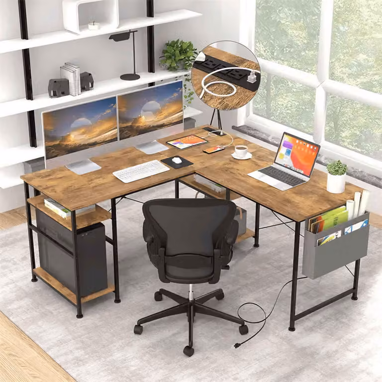 Scrivania a forma di L con prese di corrente e USB, scrivania angolare 140x140 cm con tasca e ganci, scrivania per l'ufficio domestico, colore marrone vintage