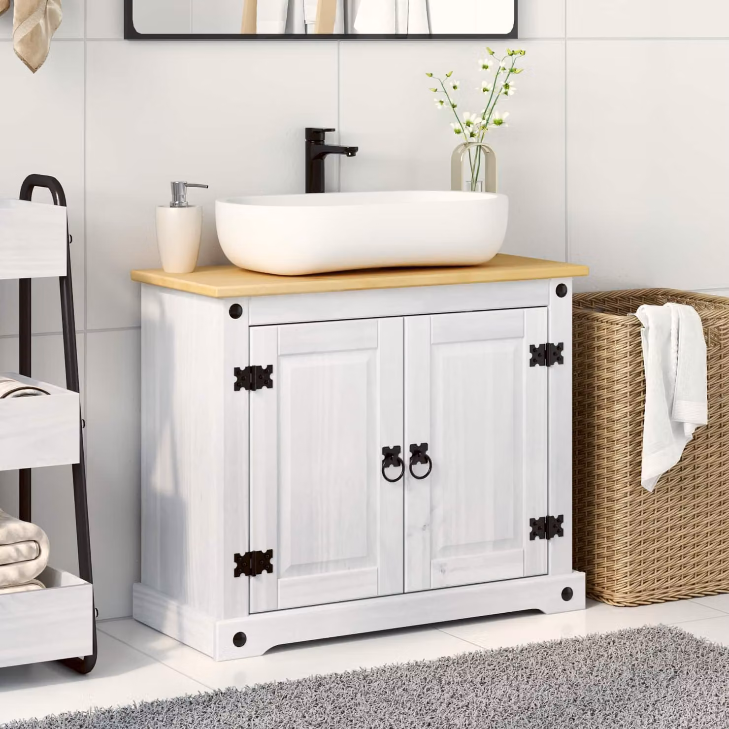 Armadio sottolavello vidaXL in pino massello bianco per bagno L: 73 cm, P: 33 cm, H: 60 cm