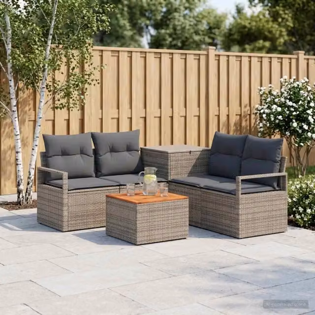 Set di divani da giardino a L vidaXL in polyrattan grigio e antracite con cuscini e tavolino da caffè incluso