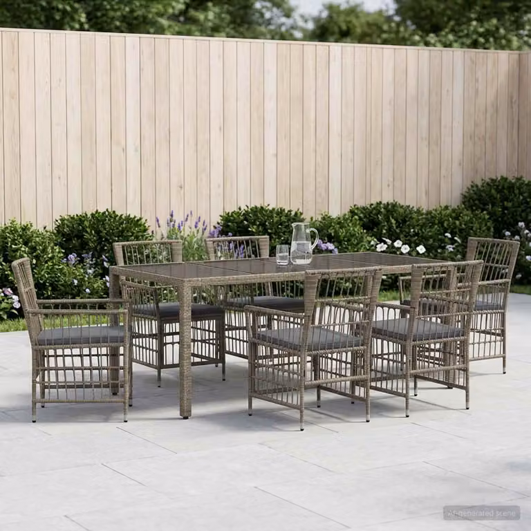 Set da pranzo per esterni vidaXL in polyrattan e vetro, 7 pezzi, Grigio