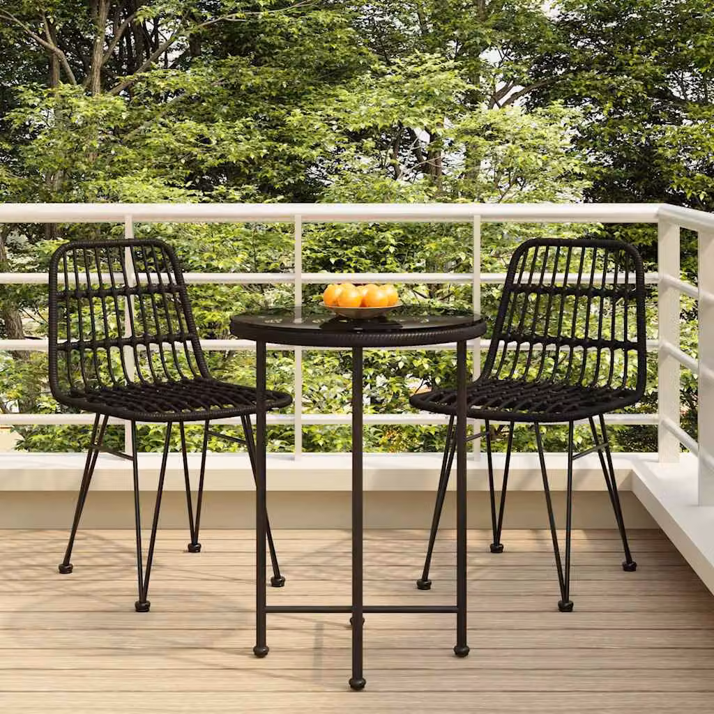 Set da pranzo da giardino moderno vidaXL in polyrattan nero con tavolo rotondo in vetro e 2 sedie