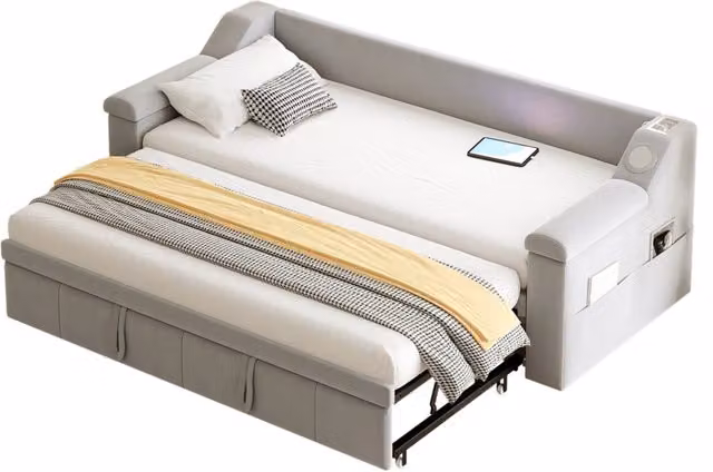 Divano letto 90x190/180x190 cm con Bluetooth; USB e vani in velluto grigio