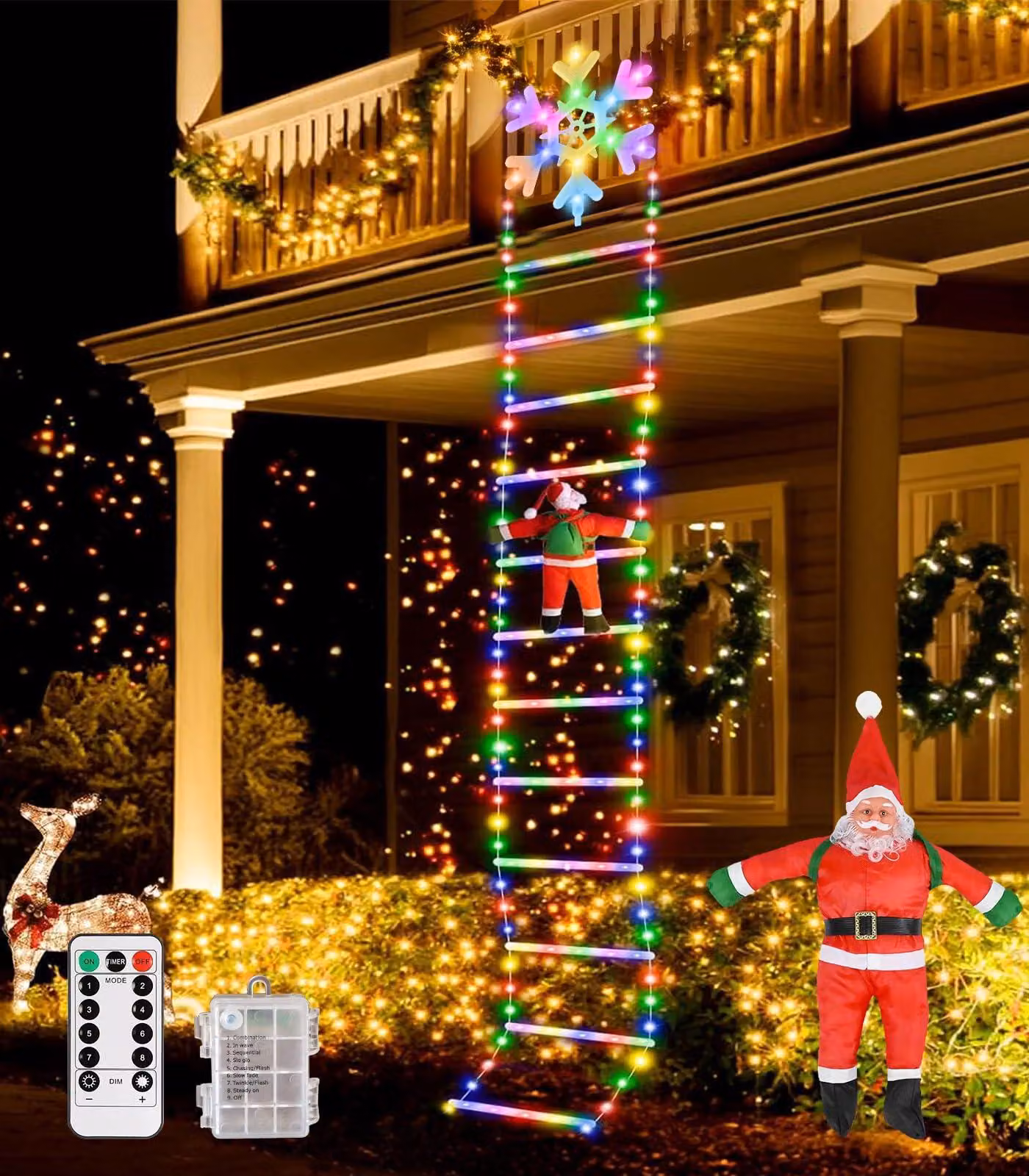 Catena luminosa a LED a forma di scala, lunghezza 3 metri, con decorazioni a tema natalizio (Babbo Natale), 295 LED, 8 modalità di illuminazione