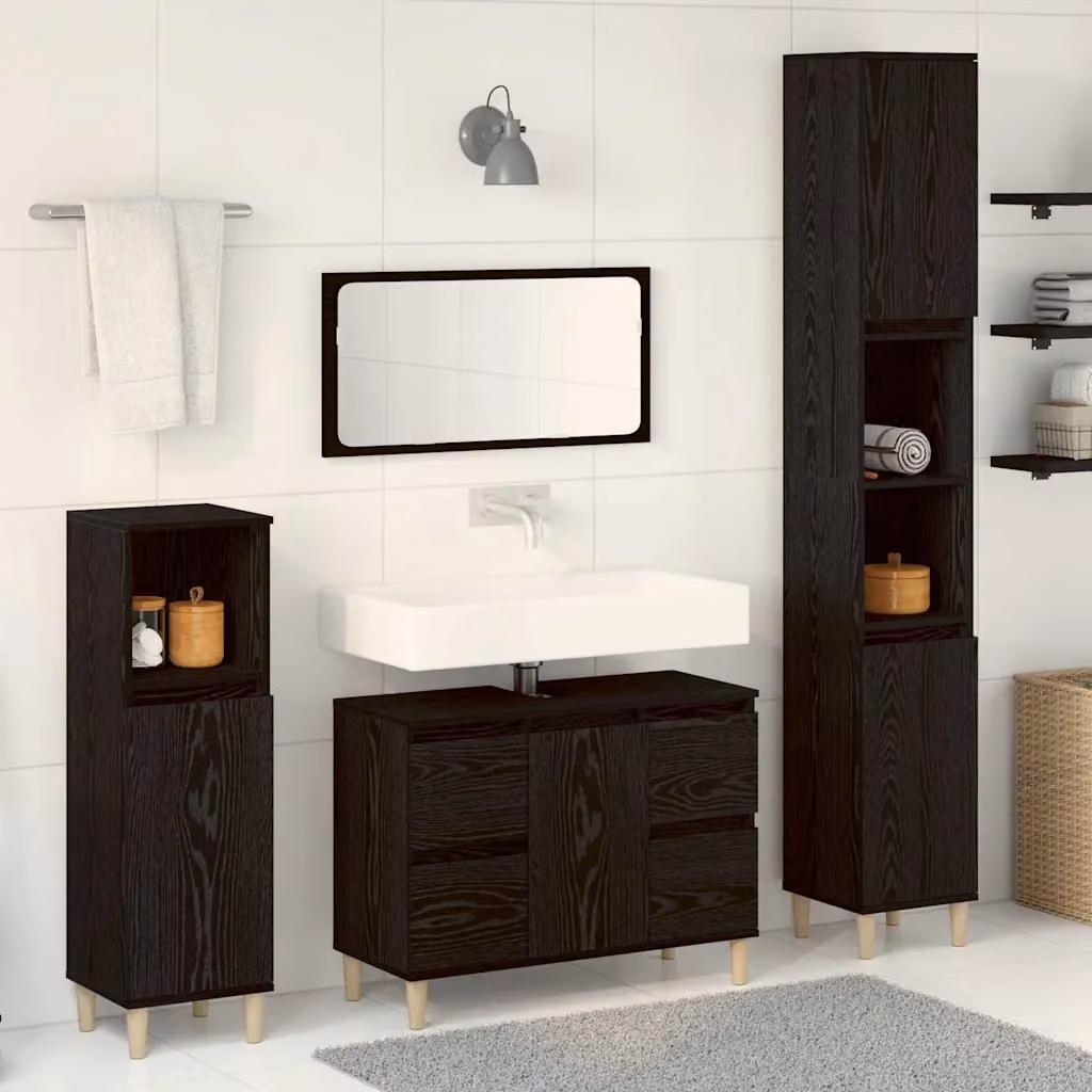 Set di mobili per il bagno moderno vidaXL in 3 pezzi, colore nero, con mobile lavabo, mobile laterale e colonna alta, in legno e metallo