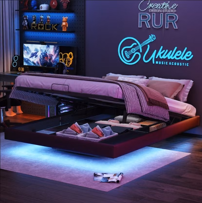 CDGlobal letto imbottito con LED, letto a molle idrauliche 160x200cm con rete a doghe e contenitore, letto matrimoniale in legno letto per ragazzi in Pelle finta, grigio