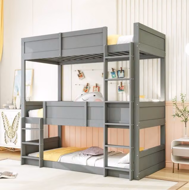 Letto a castello triplo ULEVR 90x200 cm trasformabile, con sponde alte, grigio