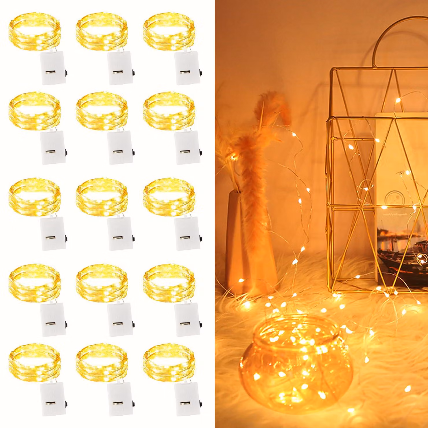 Confezione da 15 metri di catena luminosa a LED, filo di rame, luce bianco caldo, alimentazione a batteria
