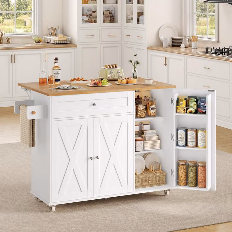 Isola da cucina con piano di lavoro pieghevole e cassetti, colore bianco