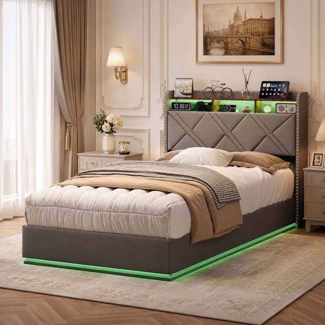 Letto imbottito INONEFT 90x200 con LED e USB, letto a molle con cassone contenitore ad apertura idraulica, letto per ragazzi con scaffale aperto e spazio contenitivo nascosto