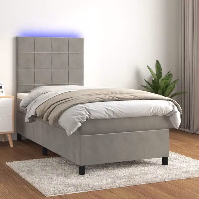Letto matrimoniale con materasso ibrido e illuminazione LED vidaXL in velluto grigio chiaro, L/P/H: 90 x 200 cm