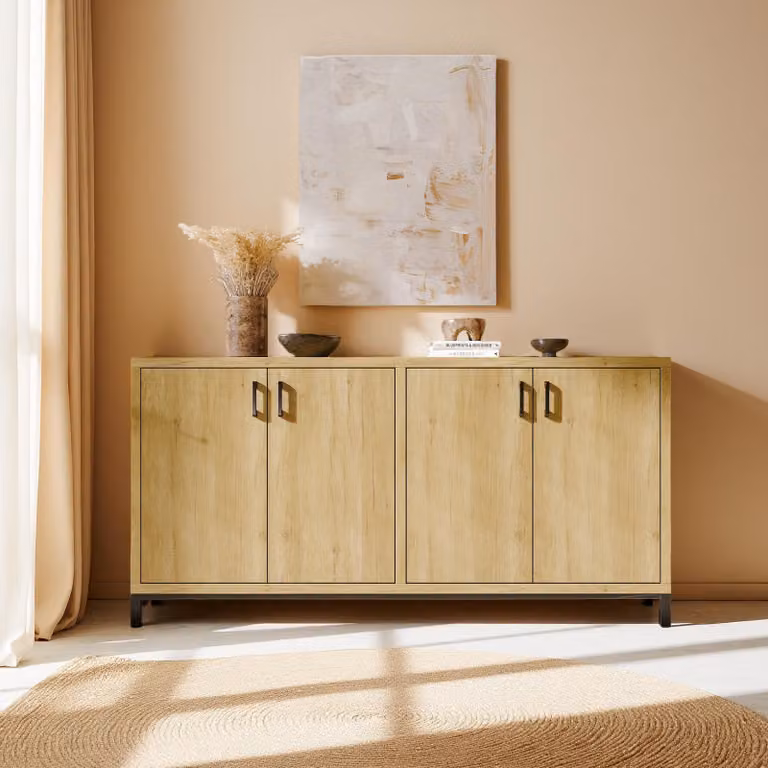 Credenza UnboxG 160 cm effetto legno con metallo, scarpiere / credenza con spazio contenitivo per ingresso, sala da pranzo o cucina, colori naturali, 160 × 35 × 80 cm