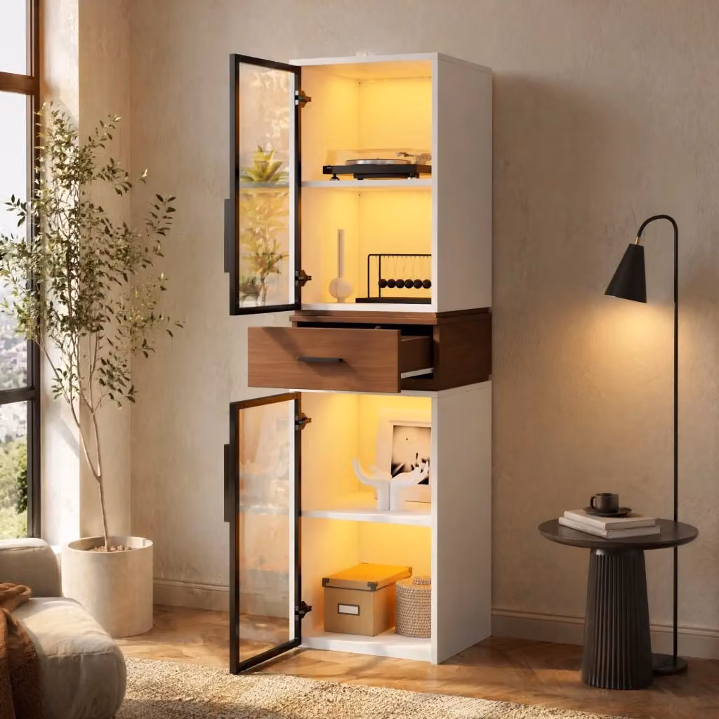Vetrina FOLYNA moderna in MDF bianco con 2 ante in vetro, illuminazione LED multicolore e cassetto, L/P/H: 40 x 40 x 200 cm – 2