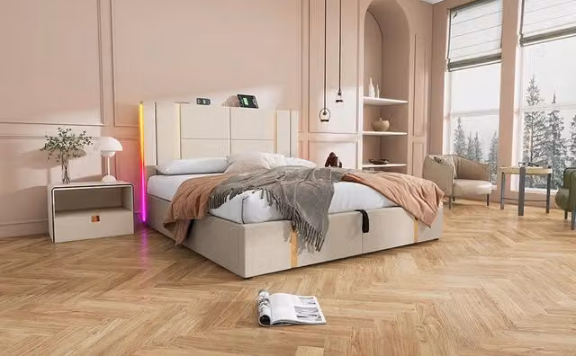 Letto matrimoniale contenitore imbottito 180x200 cm con LED RGB e ricarica USB/Type-C, lino beige, senza materasso