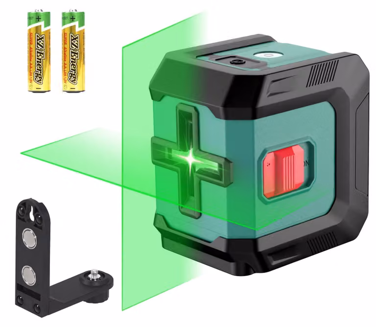 Livella laser a croce verde, autonivelante, portata 15 metri. Livella laser con 3 batterie