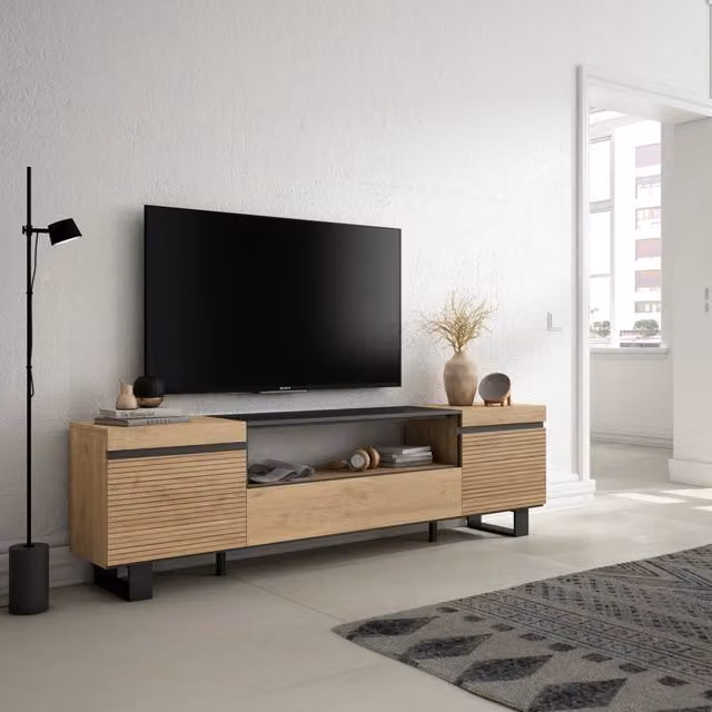 Mobile TV Soggiorno, 200x35x57cm, Per TV fino a 80", Design industriale, colore Rovere RF3313