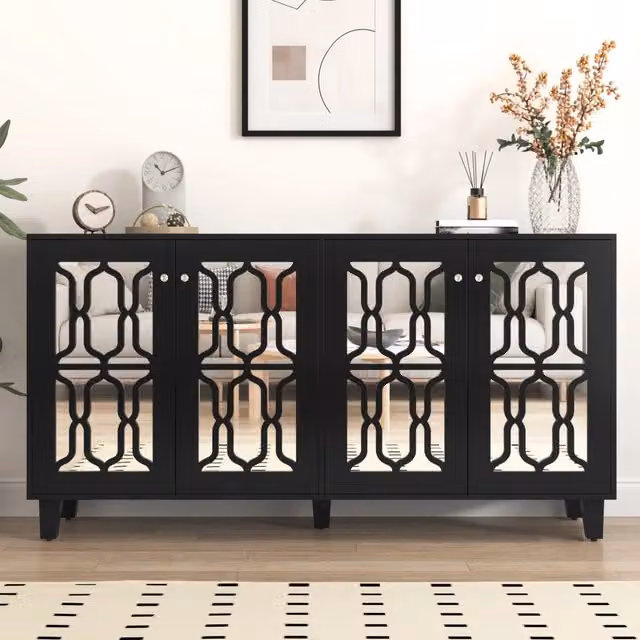 Credenza nera con specchio e mobile buffet 4 ante; credenza lunga 160 cm con maniglie in cristallo