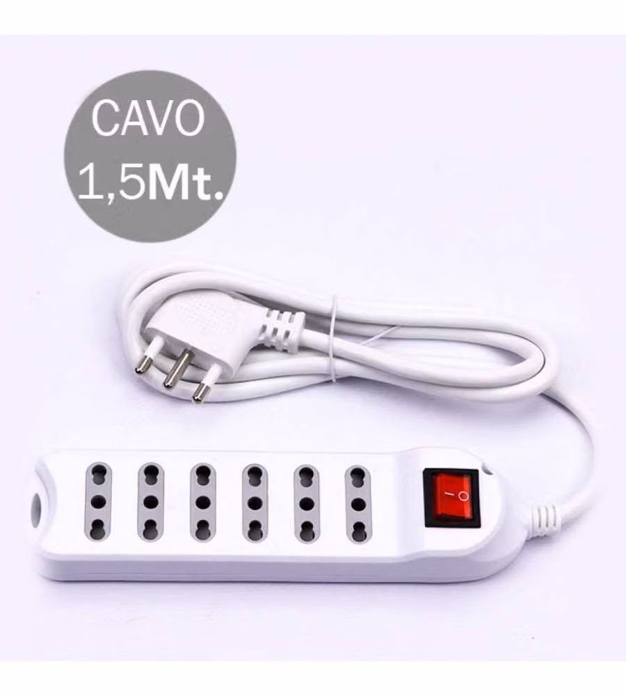 Multipresa V-TAC con 6 Prese 10/16A 2P+T Bipasso, Interruttore Luminoso e Cavo da 1,5 m, Colore Bianco