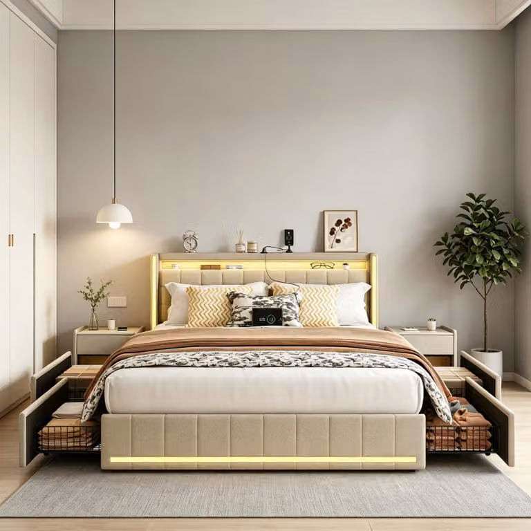 Letto imbottito INONEFT, 160 x 200 cm, con 4 cassetti, letto matrimoniale, letto con spazio contenitivo, testiera LED e porta USB, letto per ragazzi con rete a doghe, in lino, color beige
