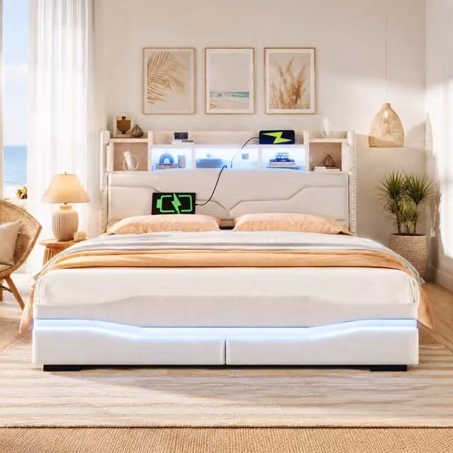 Letto Imbottito REDOM Beige con Vano Contenitore Idraulico, Illuminazione LED, Porta USB e Ripiano Integrato L/P: 160 x 200 cm – 1