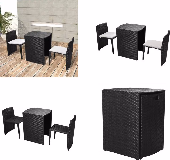 vidaXL Set bistrot 3 pezzi con cuscini in poly rattan nero - Gruppo da pranzo - Gruppi da pranzo - Tavolo e sedie da pranzo - Tavoli e sedie da pranzo