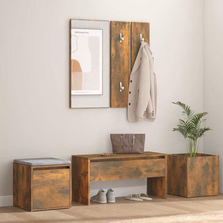 vidaXL Set di Mobili da Corridoio Moderno in Rovere Fumo con Panca, Specchio e Scarpiera