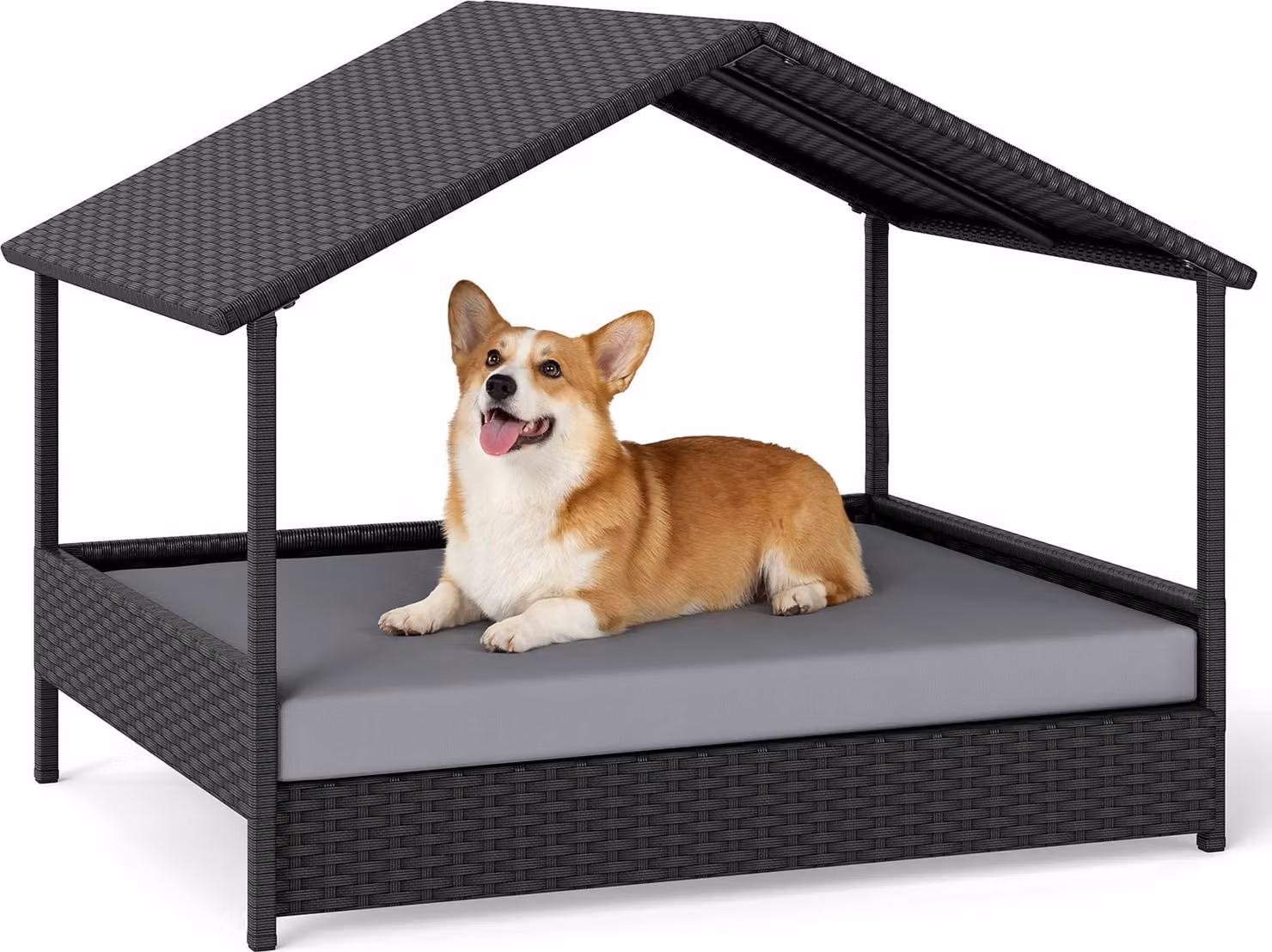 COSTWAY Lettino per cani da esterno, letto rialzato in rattan con cuscino rimovibile e copertura protettiva, resistente alle intemperie, per cani fino a 60 kg, 98x69x74 cm Grigio