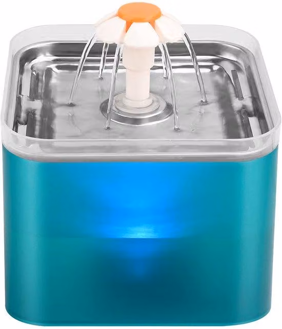 Abbeveratoio silenzioso per gatti da 2 litri, acciaio inossidabile, luce LED, filtro a carbone attivo