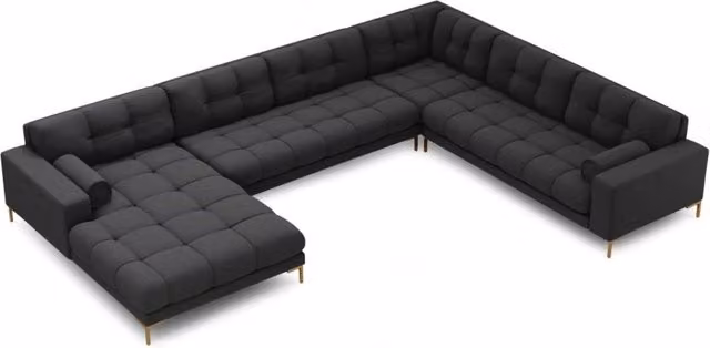 Divano panoramico destro Bali Cosmopolitan Design a 7 posti in tessuto grigio scuro con dettagli oro L 327 cm x P 134 cm x H 75 cm