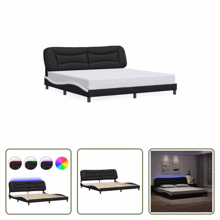 The Living Store Struttura letto con LED bianco e nero 200x200 cm in ecopelle