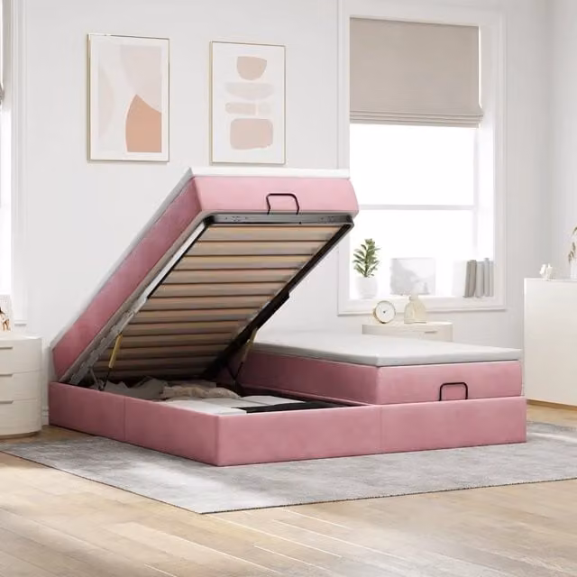 Letto con contenitore a sollevamento vidaXL in velluto rosa e bianco L/P: 200 x 200 cm
