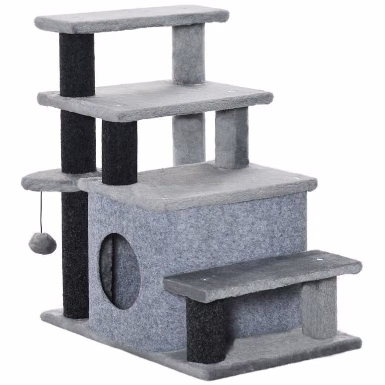 Moonbite, scala per gatti con 3 o 4 gradini, dotata di rifugio e gioco a palla, gradini in peluche, portata massima 5 kg, dimensioni 60 x 40 x 66 cm, realizzata in pannello di fibra a media densità (MDF), colore grigio