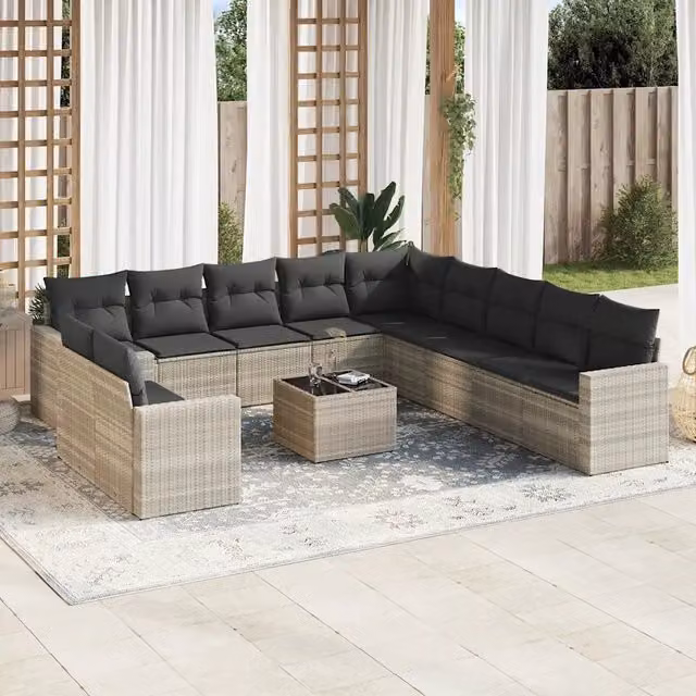 Set Divano da Giardino a L VIDAXL da 12 Pezzi con Cuscini Grigio con Tavolino in Vetro e Struttura in Metallo e Polyrattan