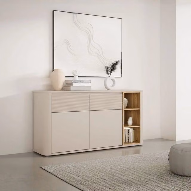 Madia Origin Core 2 ante 2 cassetti con vani a giorno 160 cm cashmere e dettaglio rovere