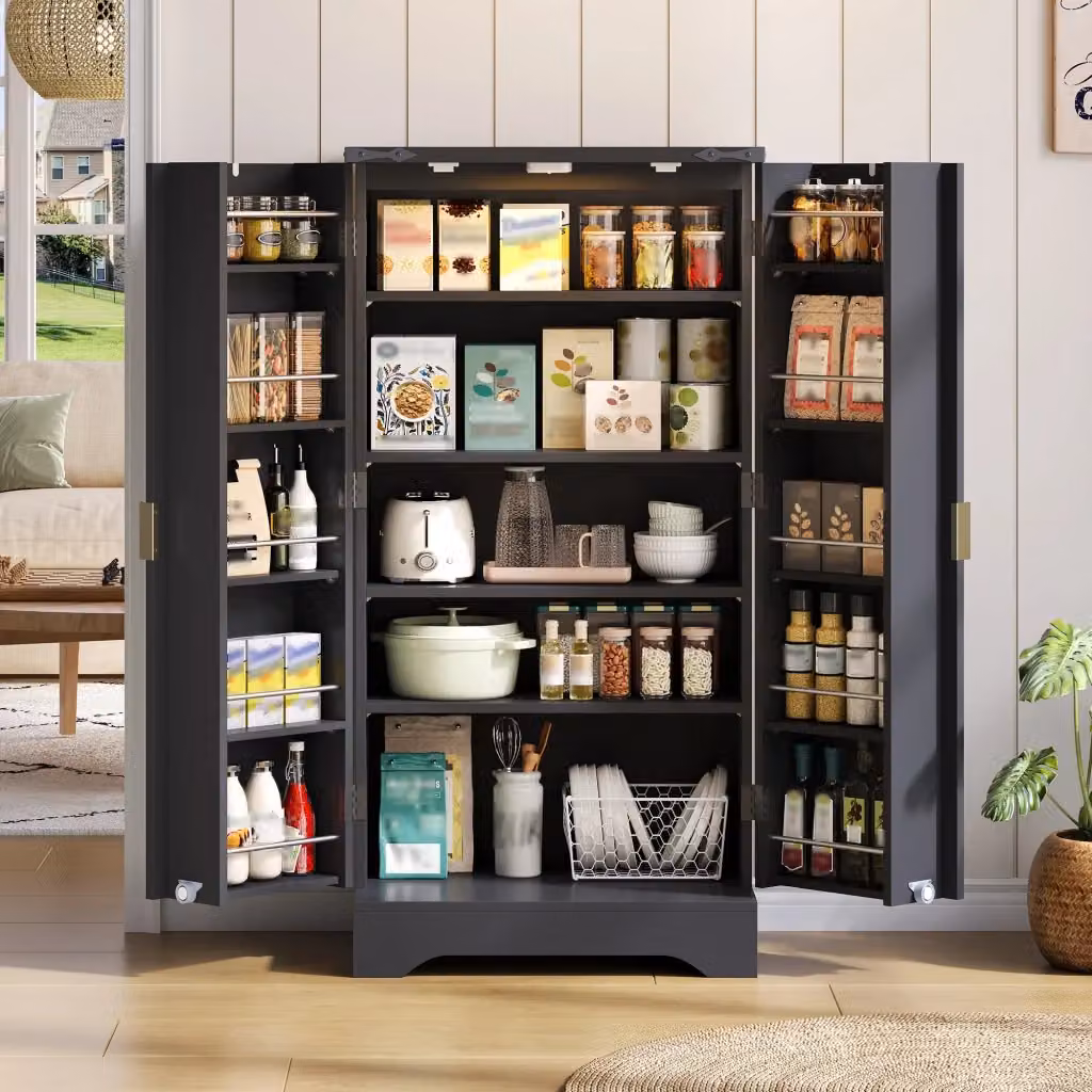 Dispensa alta OKWISH in MDF nero opaco con LED e ripiani regolabili per cucina e soggiorno L: 120 cm, P: 40 cm, H: 60,5 cm – 2