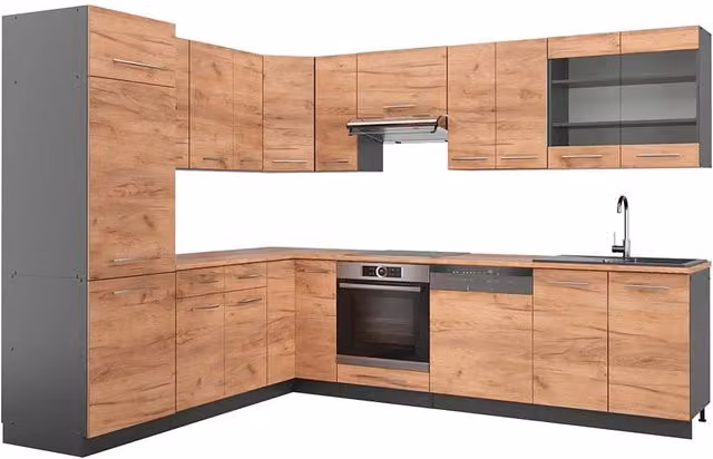Cucina angolare moderna Fame-Line Vicco in Rovere dorato e Antracite, L/P/H: 287 x 227 x 60 cm