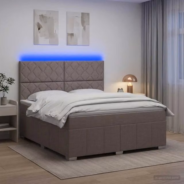 Letto Box Spring vidaXL con Materasso a Molle Pocket e Illuminazione LED, Colore Grigio Tortora, L/P: 140 x 190 cm – 1