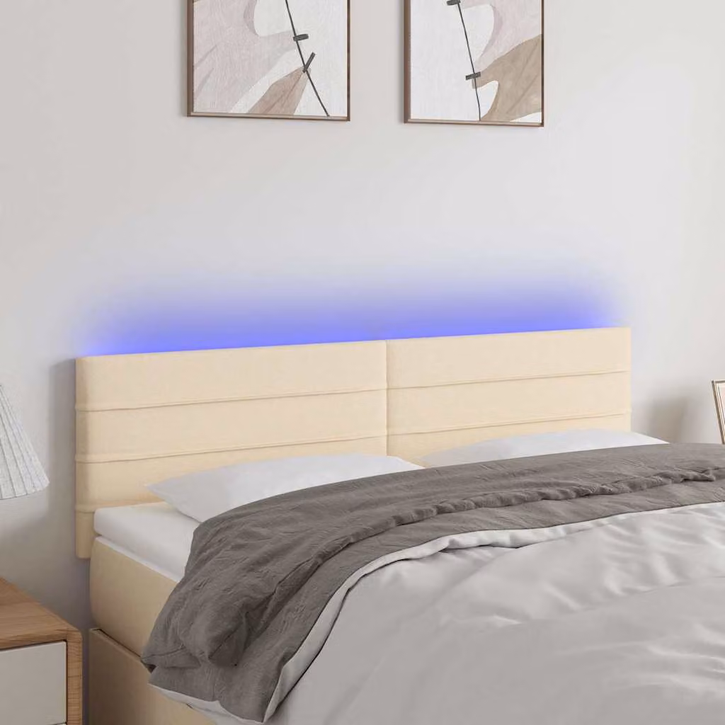 Testiera per letto vidaXL in tessuto beige con illuminazione LED integrata e porta di ricarica USB, L 144 x P 5 x H 78/88 cm