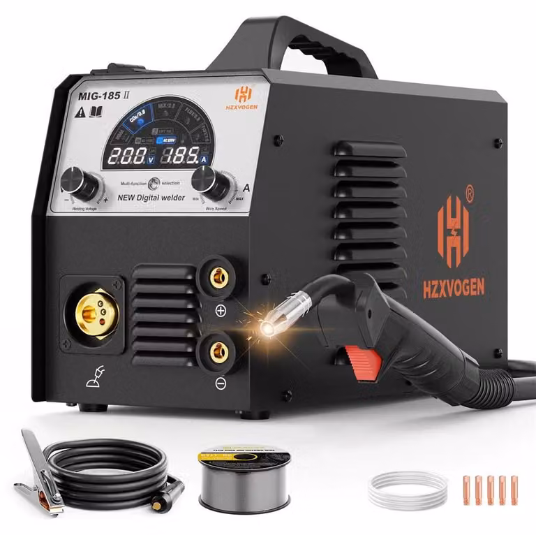 MIG185-II: Saldatrice multifunzione - MIG/MAG, MMA, saldatura TIG con sollevamento dell'elettrodo - 4 in 1. Filo di saldatura per MIG/MAG, utilizzabile con o senza gas, per fili da 0,8 a 1,0 mm. Tecnologia inverter IGBT, display LED, alimentazione 220–240