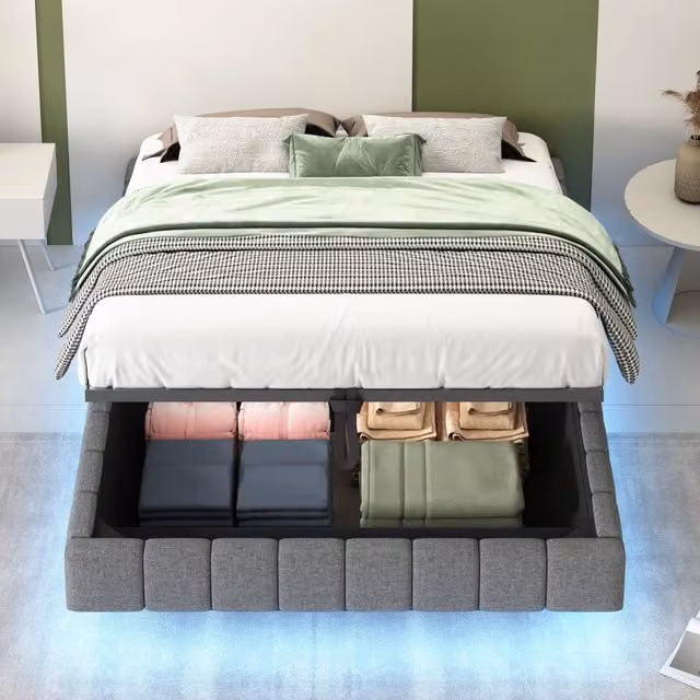 Letto imbottito WISHDOR con contenitore a elevazione e illuminazione LED, struttura in metallo e tessuto, L 140 x P 200 cm, grigio o beige