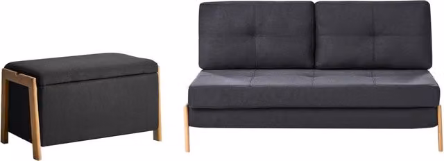 Set divano e panca tessuto nero imbottito Gambe in ferro Funzione letto Contenitore aggiuntivo Stile moderno