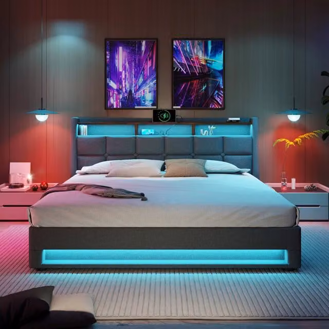 Letto Imbottito con LED e USB ¨C MINIMAL ¨C Tessuto Lino, Rete a Doghe, 140x200