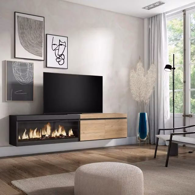 Mobile TV Soggiorno, 208x35x45cm, Per TV fino a 80", Camino elettrico XXL, da appendere, colore Rovere e nero RF3270