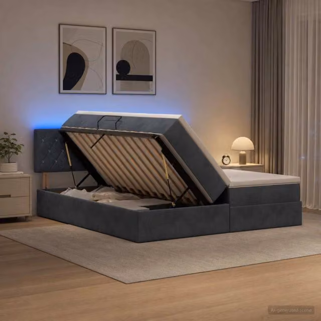 Letto con contenitore e materasso a molle vidaXL in tessuto grigio con illuminazione LED e porta USB L/P/H: 200 x 200 x 88 cm